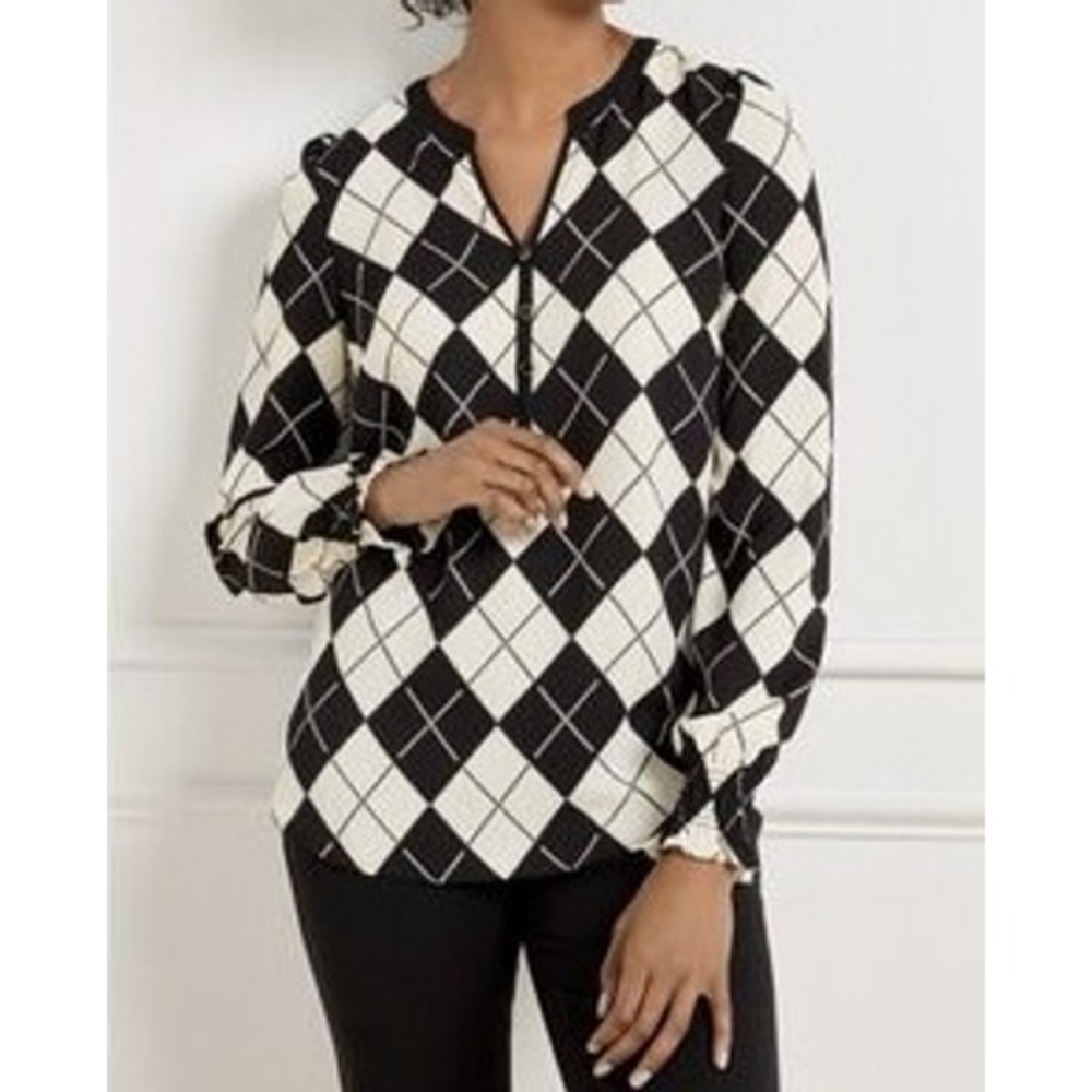 Talbots Blouse XL Black White Argyle Split Neck Smocked Cuff Popover Preppy
